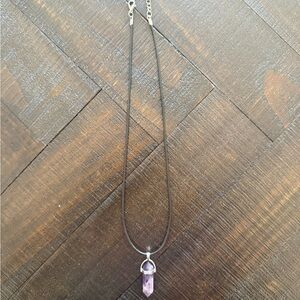 Amethyst Pendant Necklace - Purple Crystal Point on Black Cord